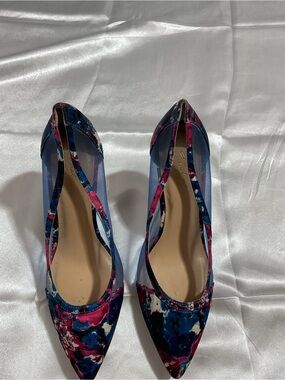 Women's Pointed-Toe Floral Mesh Pumps - Blue Pink 4in heels